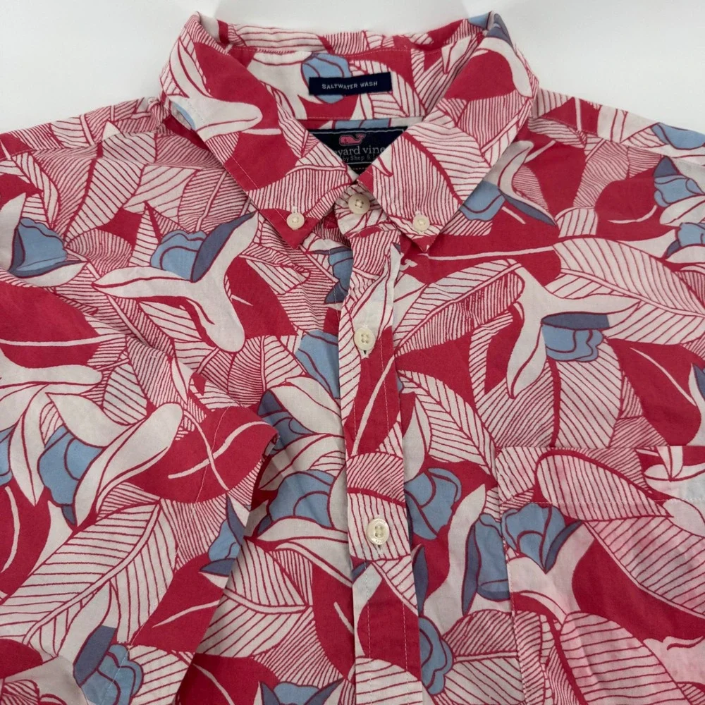 Vineyard Vines Mens Slim Fit Murray Shirt Red Blue Floral Leaf Cotton Large